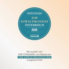 Urkunde der Tageszeitung DerStandard "Top Anwaltskanzlei 2026"